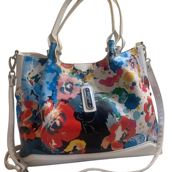 Sharif 1827 Floral Watercolor Print Multi-Pocket Leather Hobo/Shoulder Bag - Picture 2 of 14